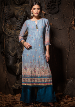 Blue Color Designer Georgette Straight Cut Kurti